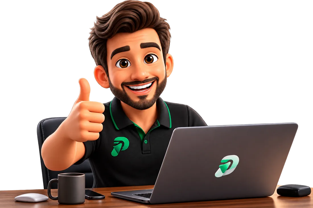 Mascote do Prospecly fazendo sinal de positivo ao lado de um notebook