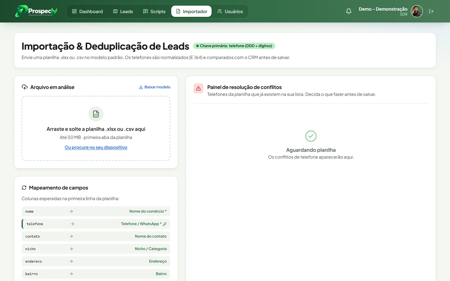 Tela de Importador do Prospecly para envio de planilha .xlsx ou .csv e mapeamento de colunas