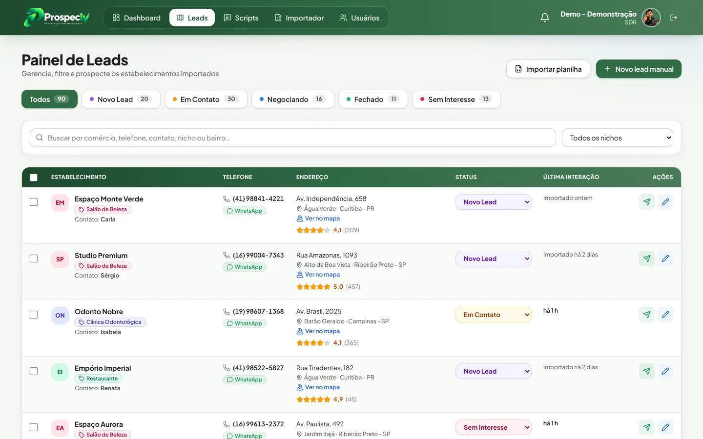 Tela de Leads do Prospecly com lista de empresas, filtros por status e nicho, telefone e status de cada lead